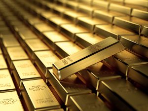 3d render of gold ingots in a row, wealth concept.